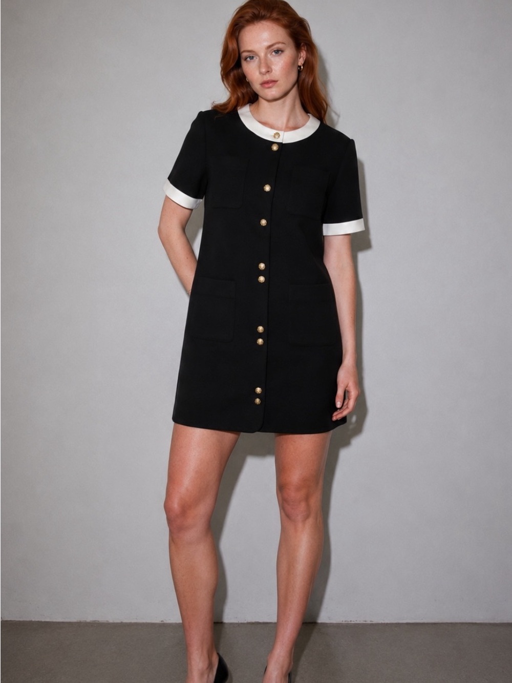 Monaco Black White Relaxed Shift Dress Gold buttons NWT Wisteria L XL